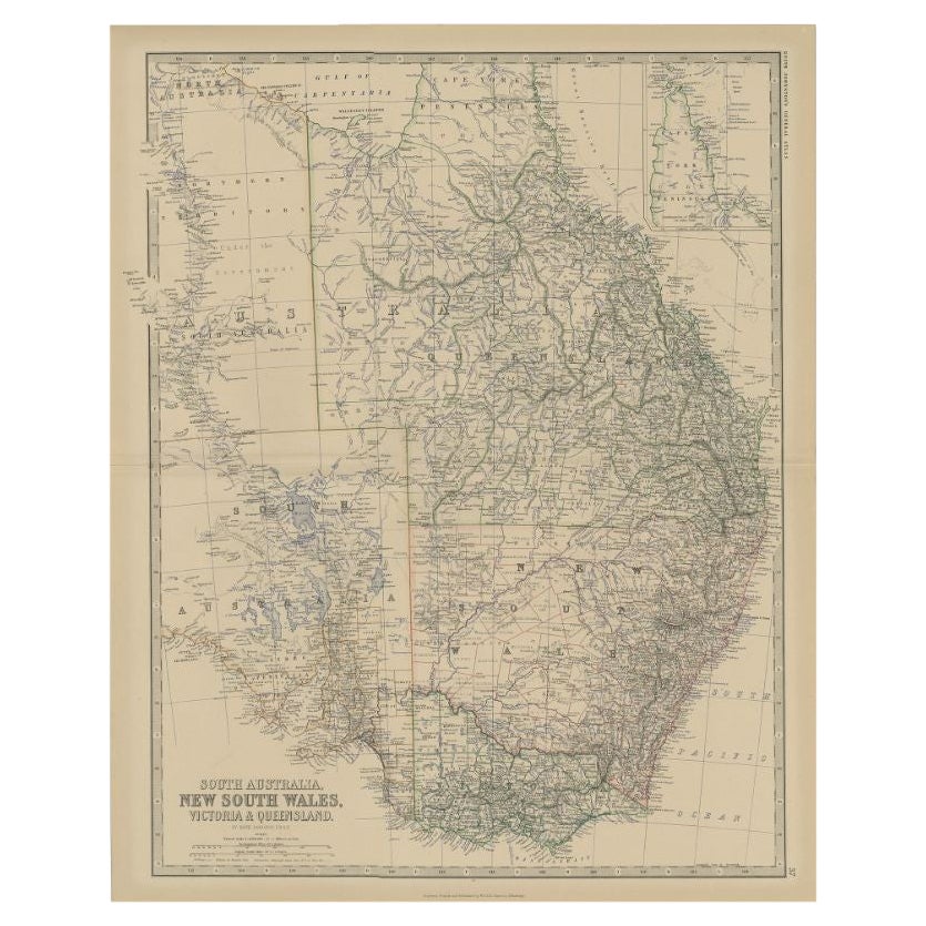 Carte ancienne de l'Australie du Sud par Johnston, 1882 en vente