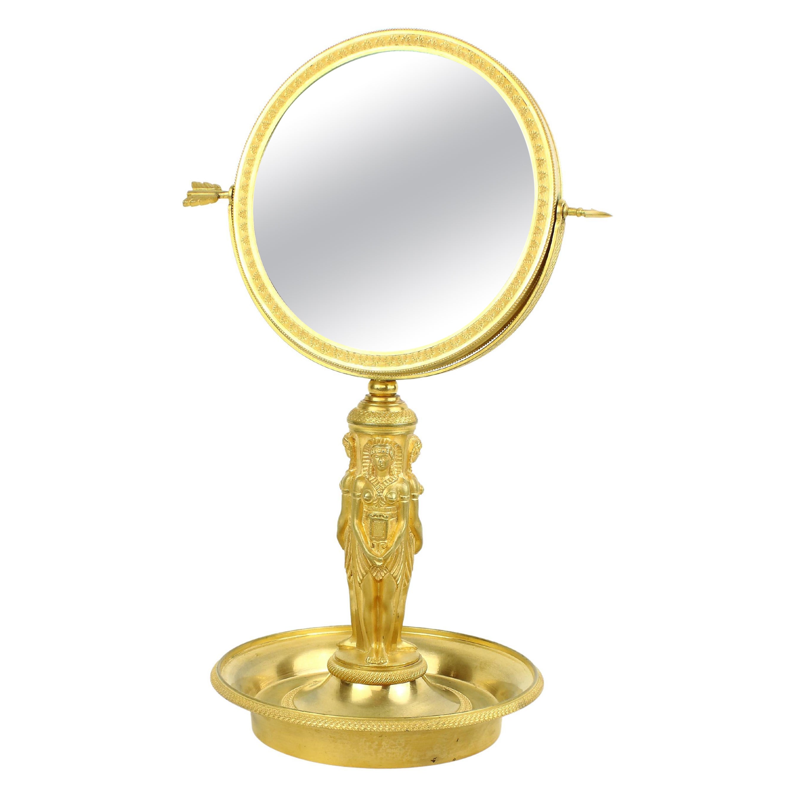 19th Century French Empire Charles X Egyptian Revival Gilt Bronze Table Mirror For Sale
