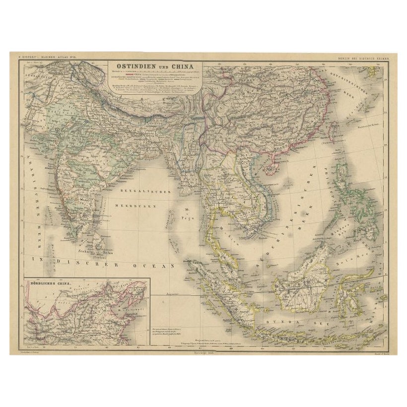 Carte ancienne du Southeast Asia et de la Chine par Kiepert, c.1870 en vente