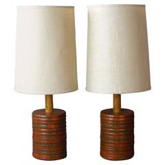 Mid-Century Mottled Orange and Brown Pair of Ceramic Lamps 10