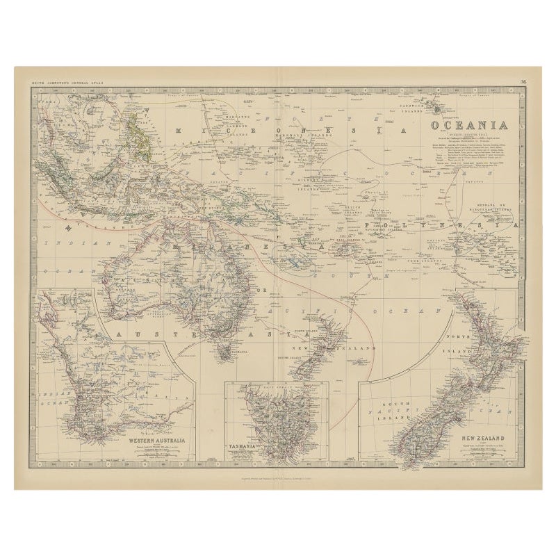 Carte ancienne de l'Océanie par Johnston, 1882