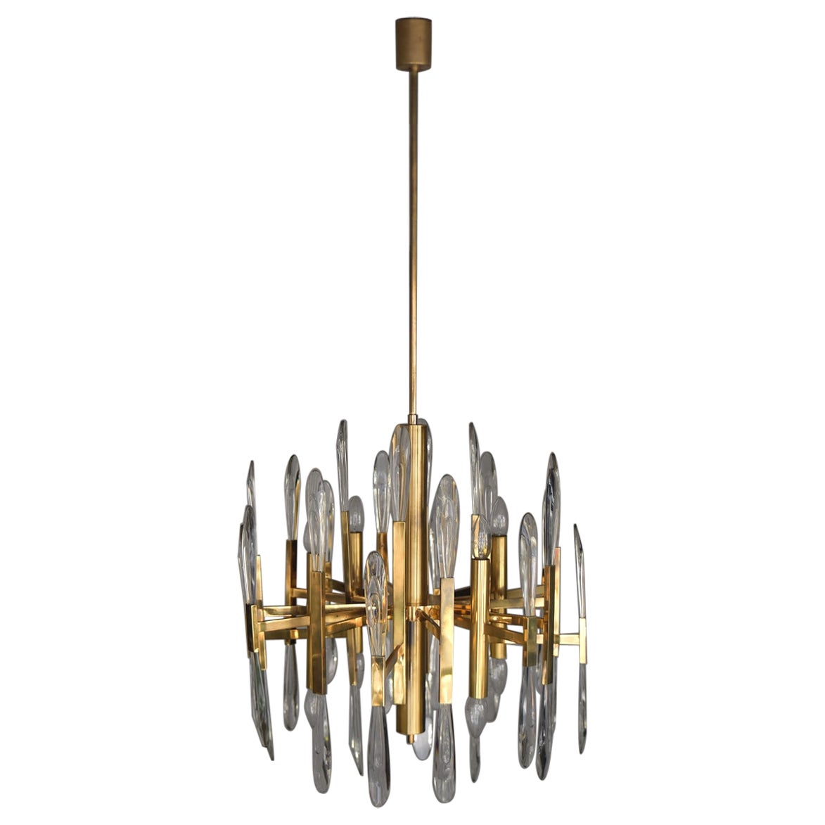 Vintage Italian Brass & Glass Icicles Chandelier by Gaetano Sciolari, 1970s For Sale