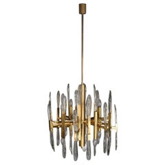 Vintage Italian Brass & Glass Icicles Chandelier by Gaetano Sciolari, 1970s