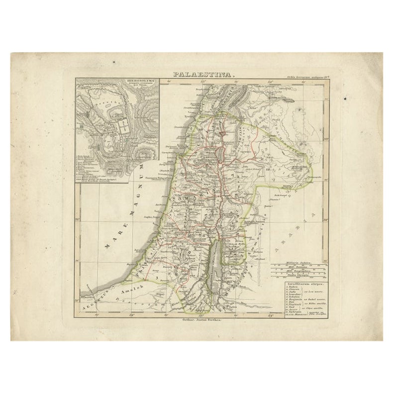 Antique map titled 'Palaestina'. Old map of Palestine originating from 'Orbis Terrarum Antiquus in usum Scholarum'. Artists and Engravers: Published by Justus Perthes, 1848.

Artist: Published by Justus Perthes, 1848.

Condition: Good, general