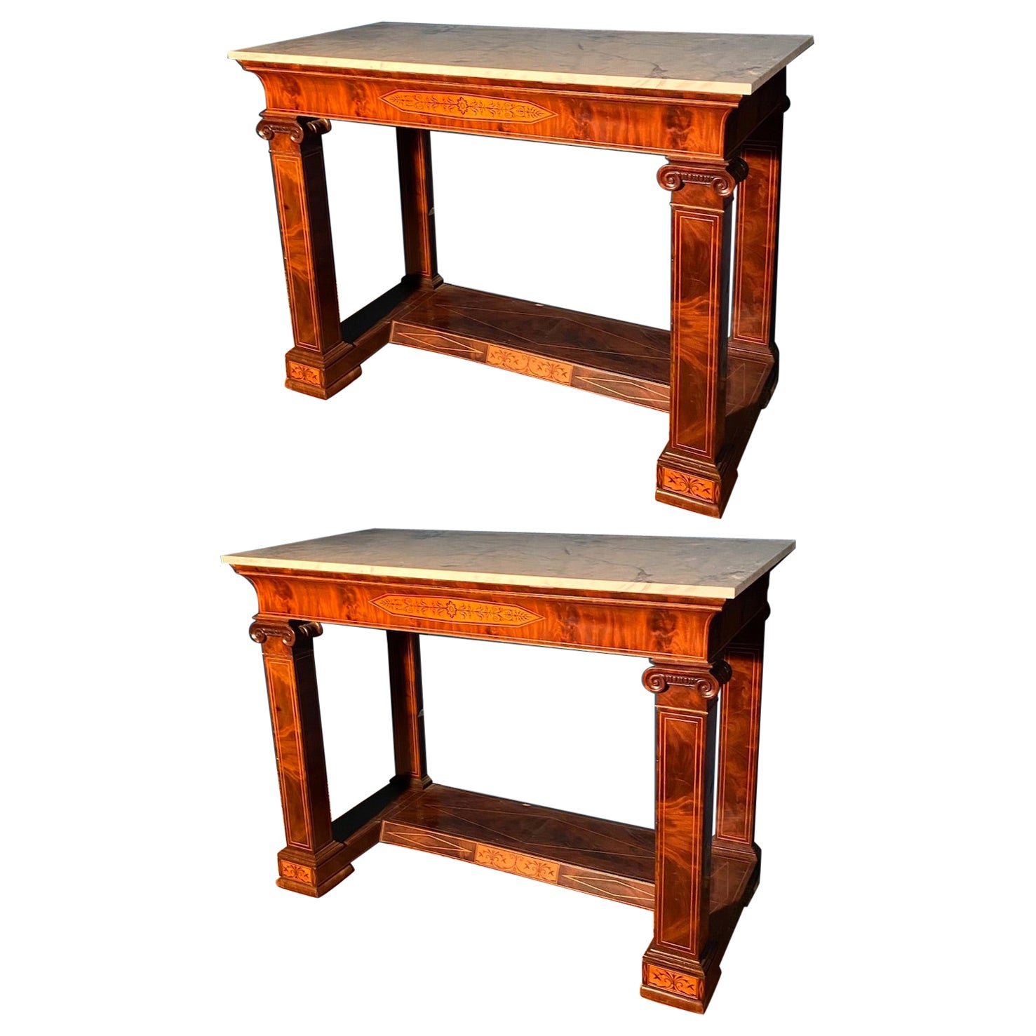 Pair of French 19th Century Charles X Console Tables with Carrara Marble Top For Sale