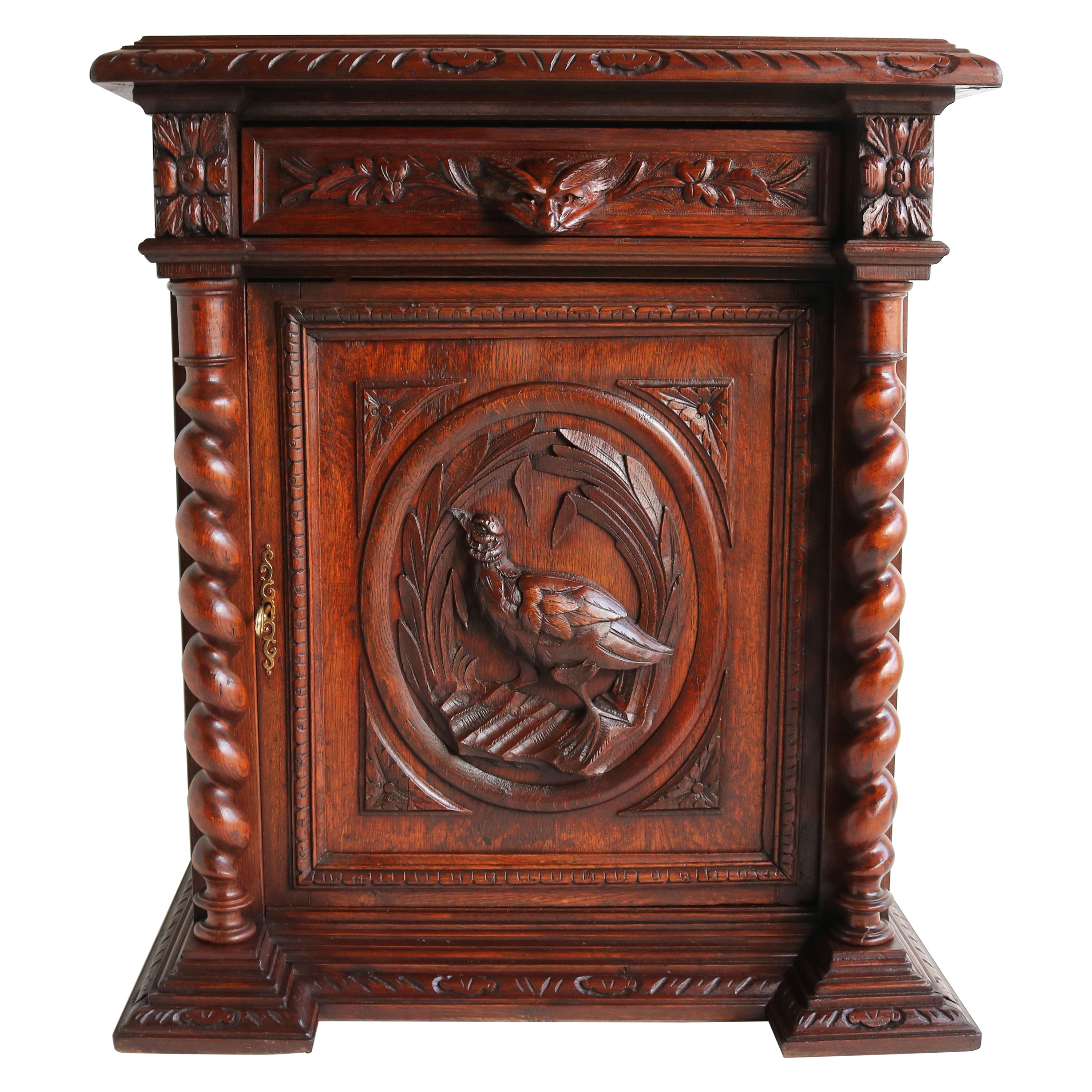 Small 19th Century French Carved Oak Hunt Cabinet Barley Twist Black Forest