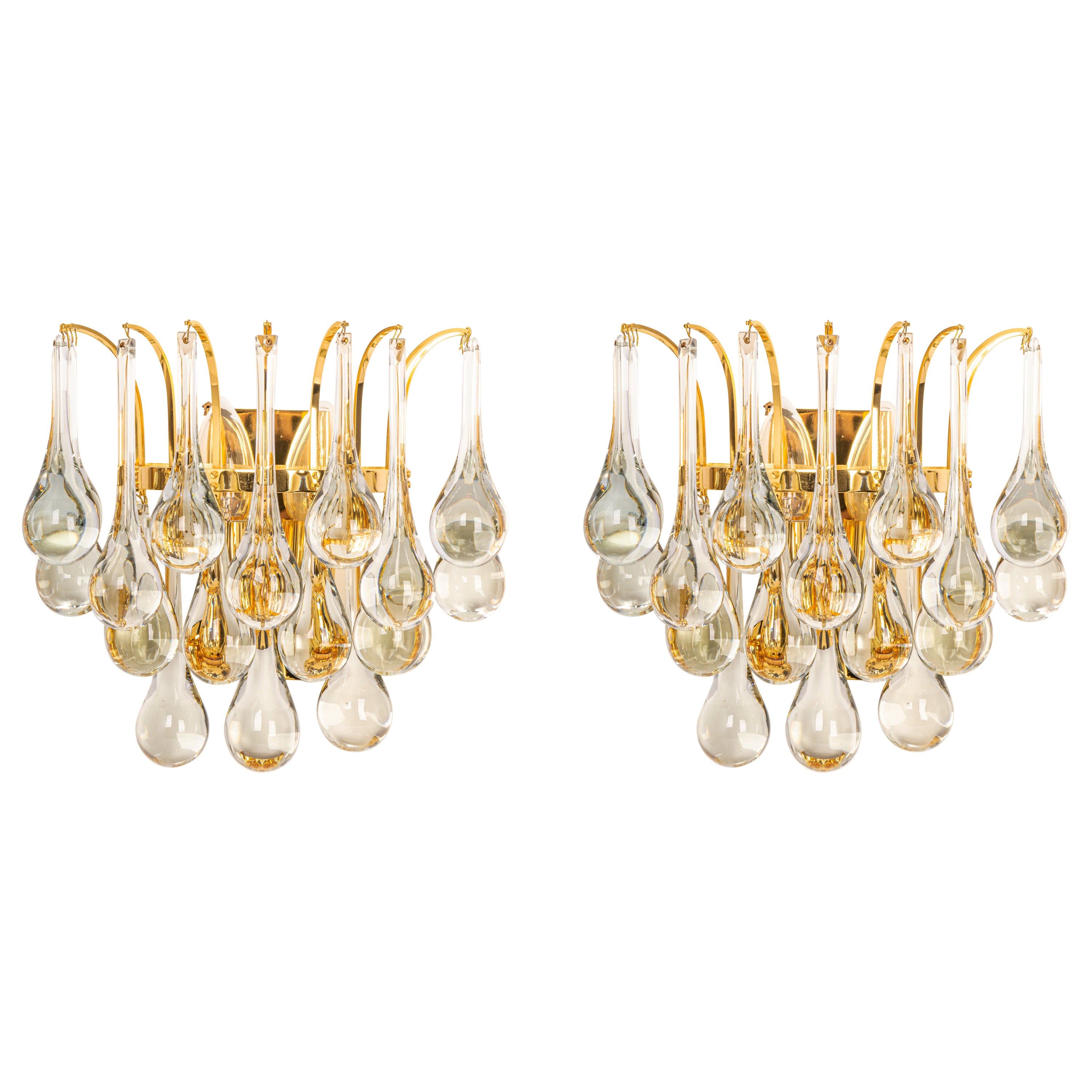 Large Pair of Golden Gilded Brass and Crystal Sconces by C.Palme, Germany, 1970s