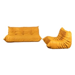 Mustard Aniline Leather Togo Set, 3-Seat & 1-Seat, 1970s, Reupholstered
