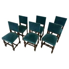 Set of 6 Blue Velvet Chairs Louis XIII Style 19th Century