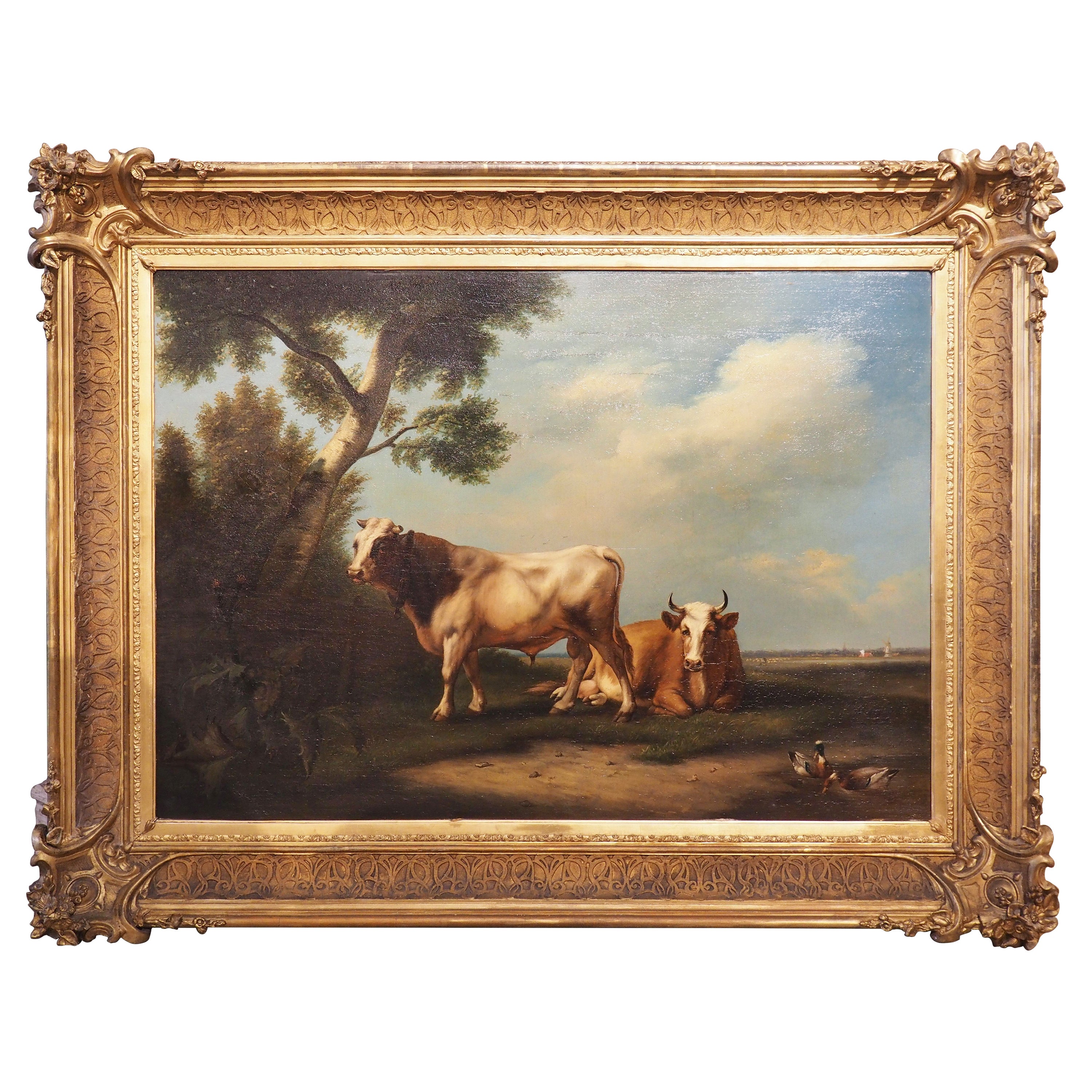 Antique Dutch Oil on Board Painting of Cattle, Signed and Dated 1858