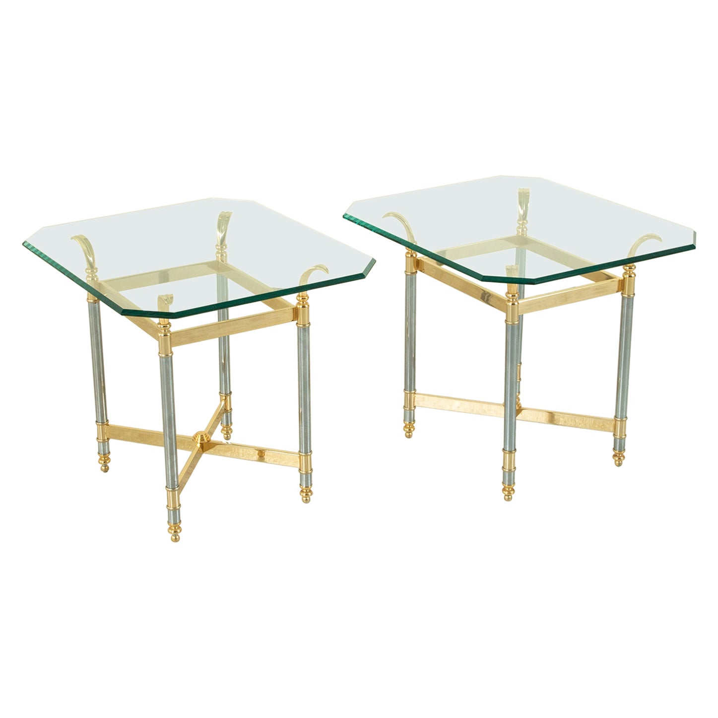 Pair of Mid-Century French Brass and Steel Side Tables with Octagonal Glass Tops