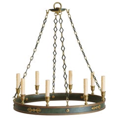 Italian Empire Style Gilt Brass & Green Enamel 8-Light Oval Chandelier, 20th C