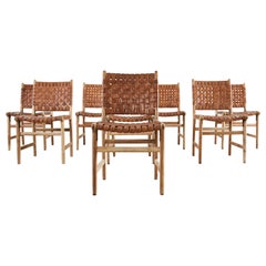 Set of Eight Teak and Woven Leather Strap Dining Chairs