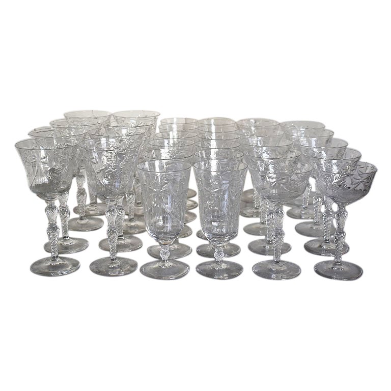Set of Crystal Glass Ribbon Motif Drinking Glasses, Set of 30