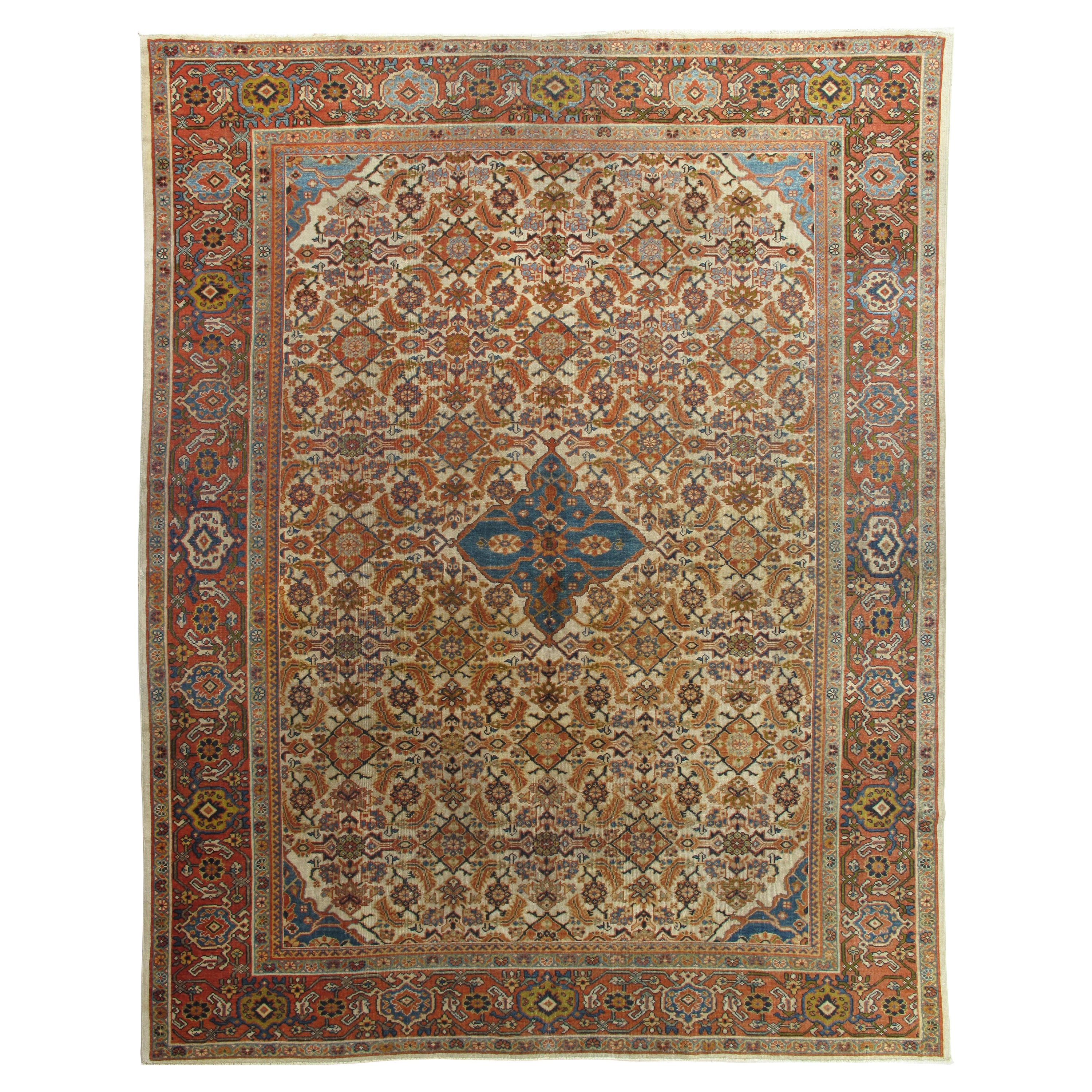 Tapis persan ancien Sultanabad, laine ivoire, bleu, tapis oriental noué à la main