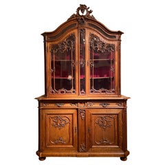 Antique French Liégeoise Carved Cabinet with Glass Front Doors, Circa 1860-1880