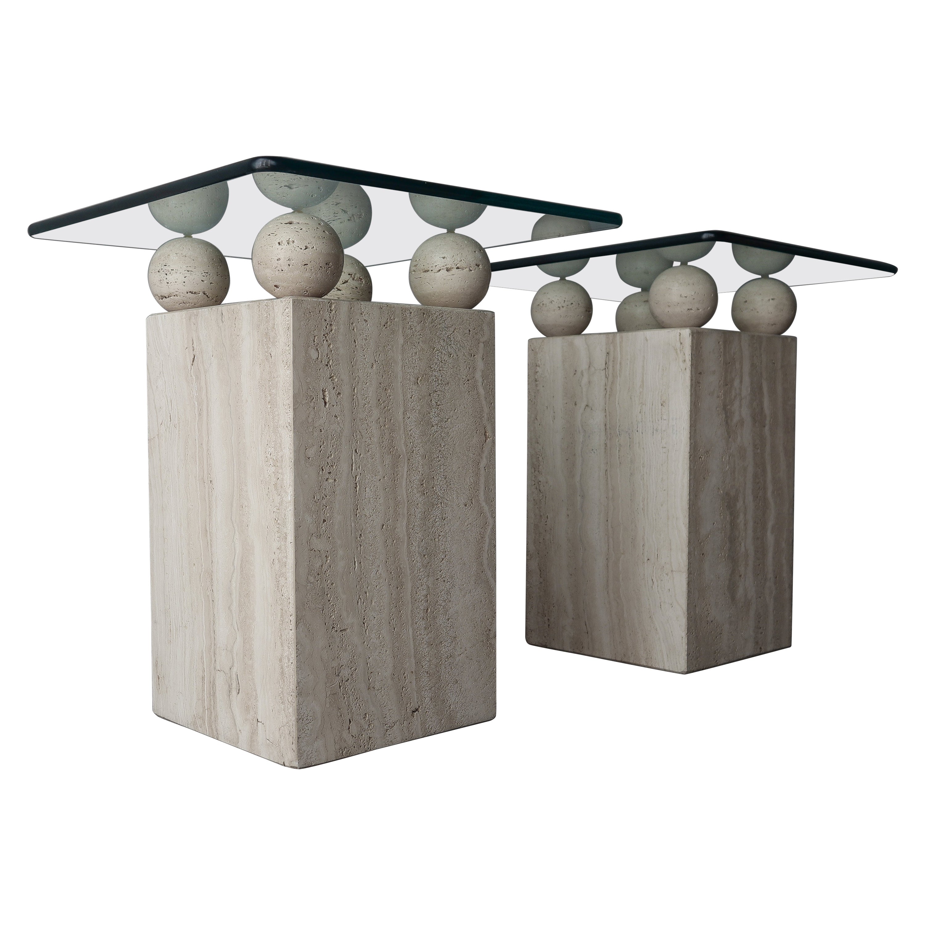Pair of Post Modern Travertine & Glass Side Tables