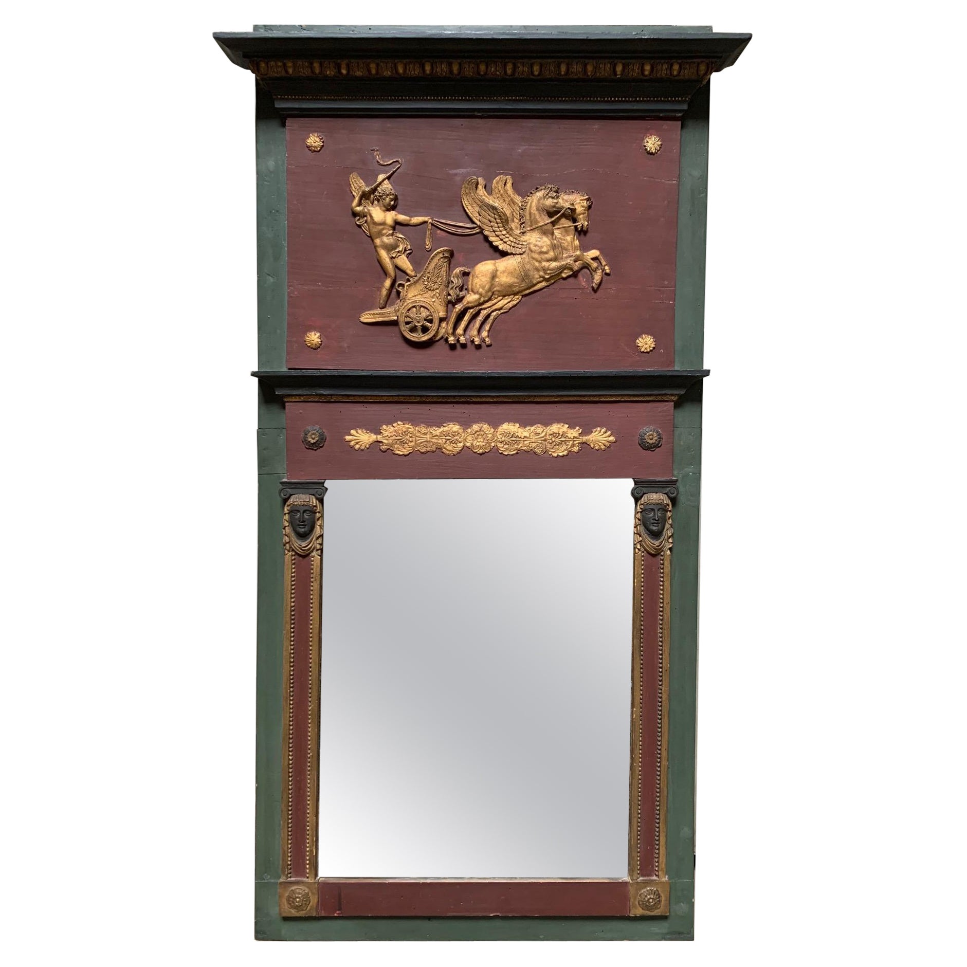 French Directoire Trumeau Mirror with a Painted Green, Purple and Gold Finish.  For Sale
