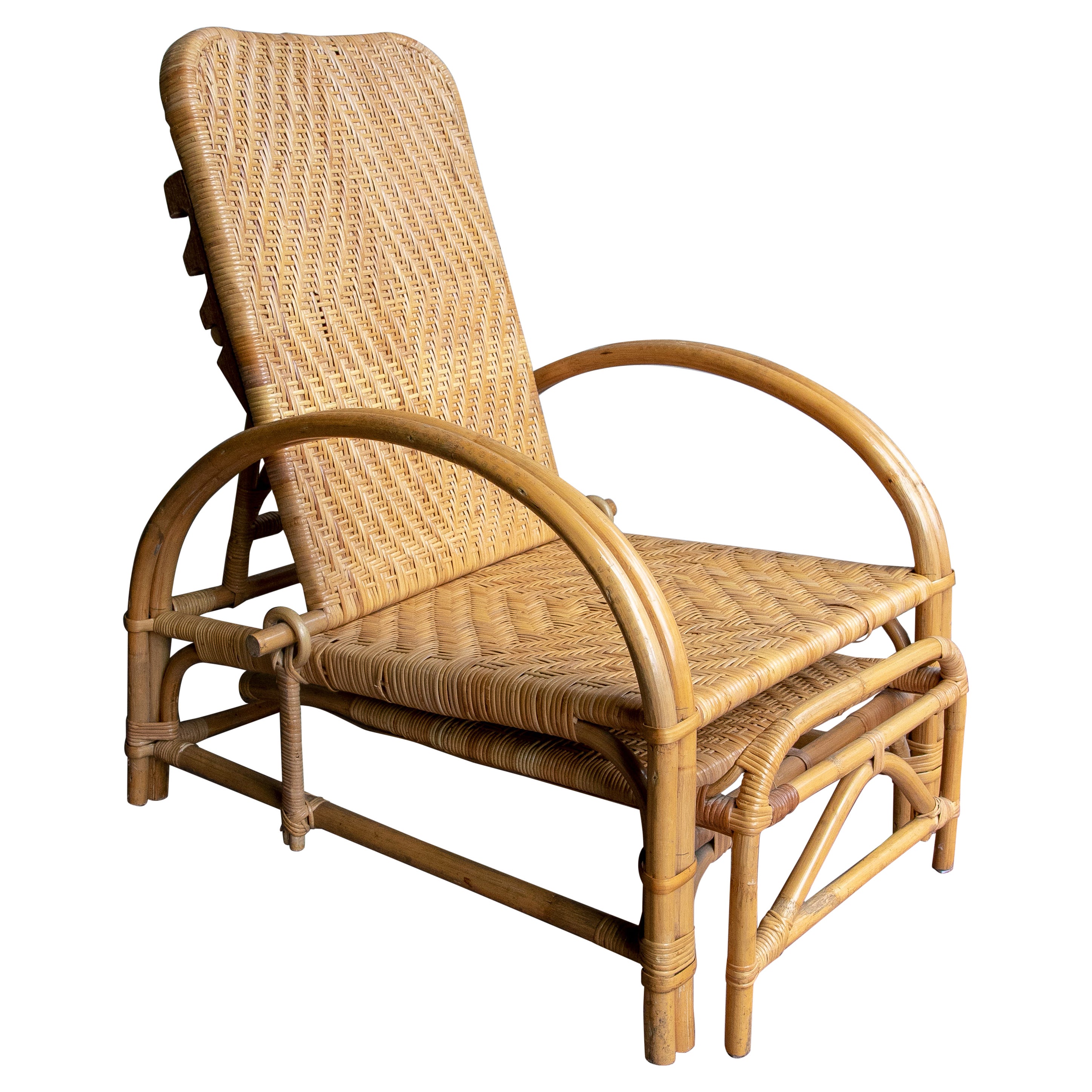 1970s Wicker and Bamboo Armchair with Adjustable Backrest and Footrest For Sale
