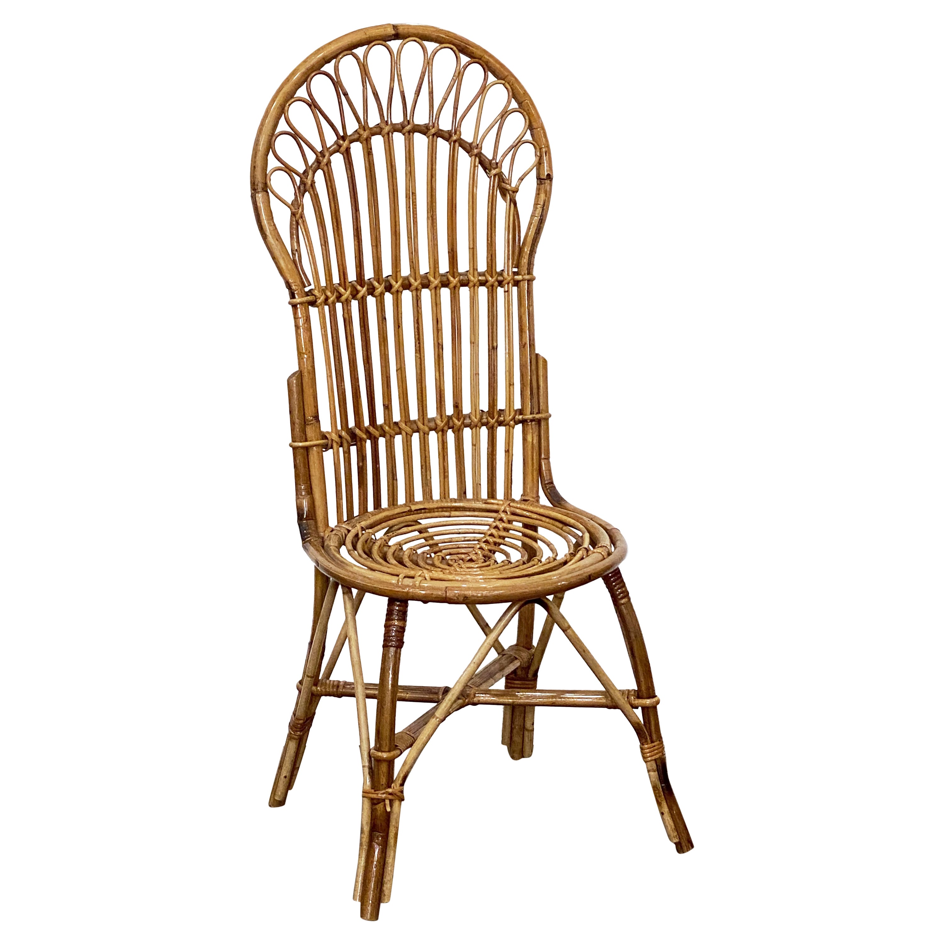 Italian Fan-Backed Chair of Rattan and Bamboo from the Mid-20th Century For Sale