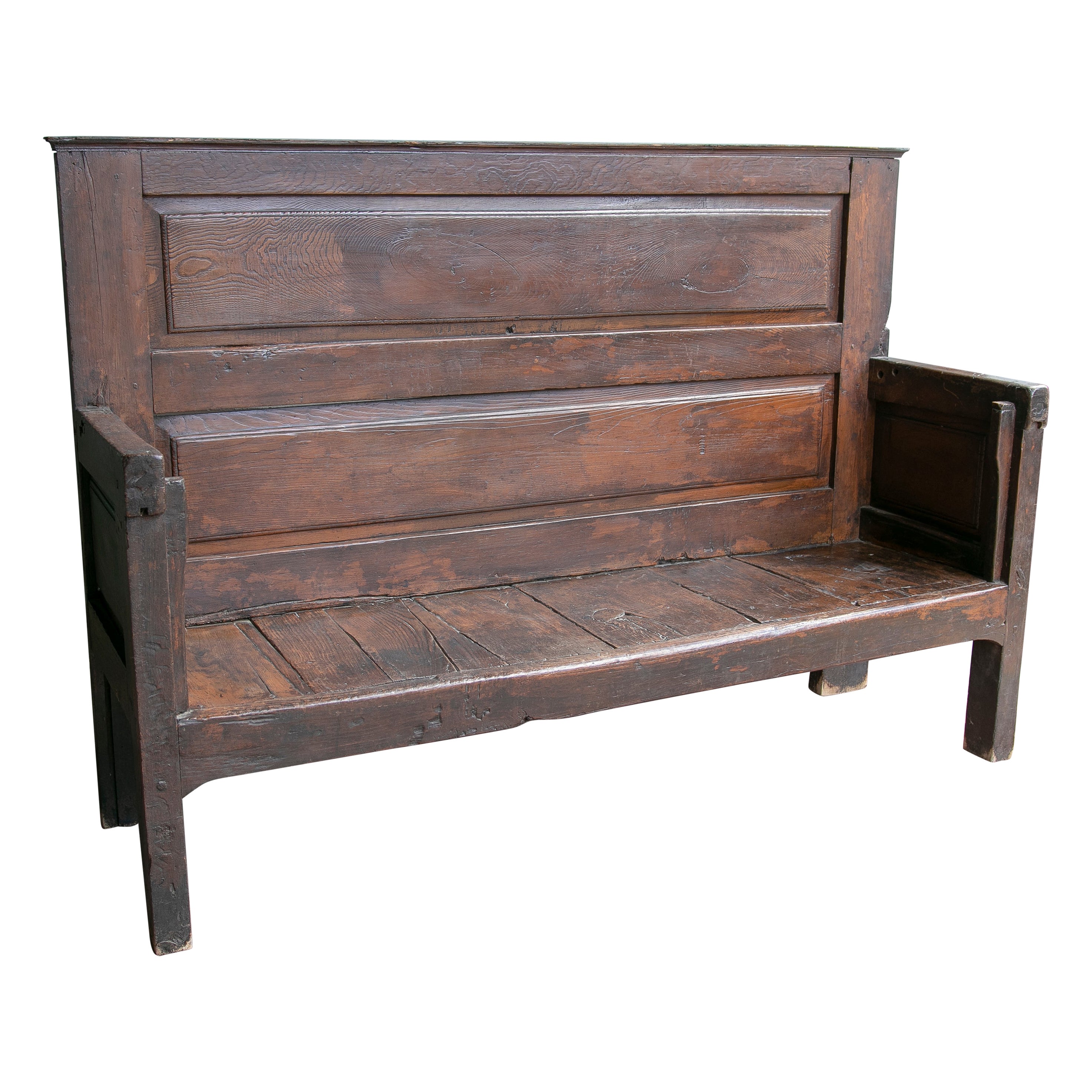 19th Century Rustic Hand Carved Wooden Bench