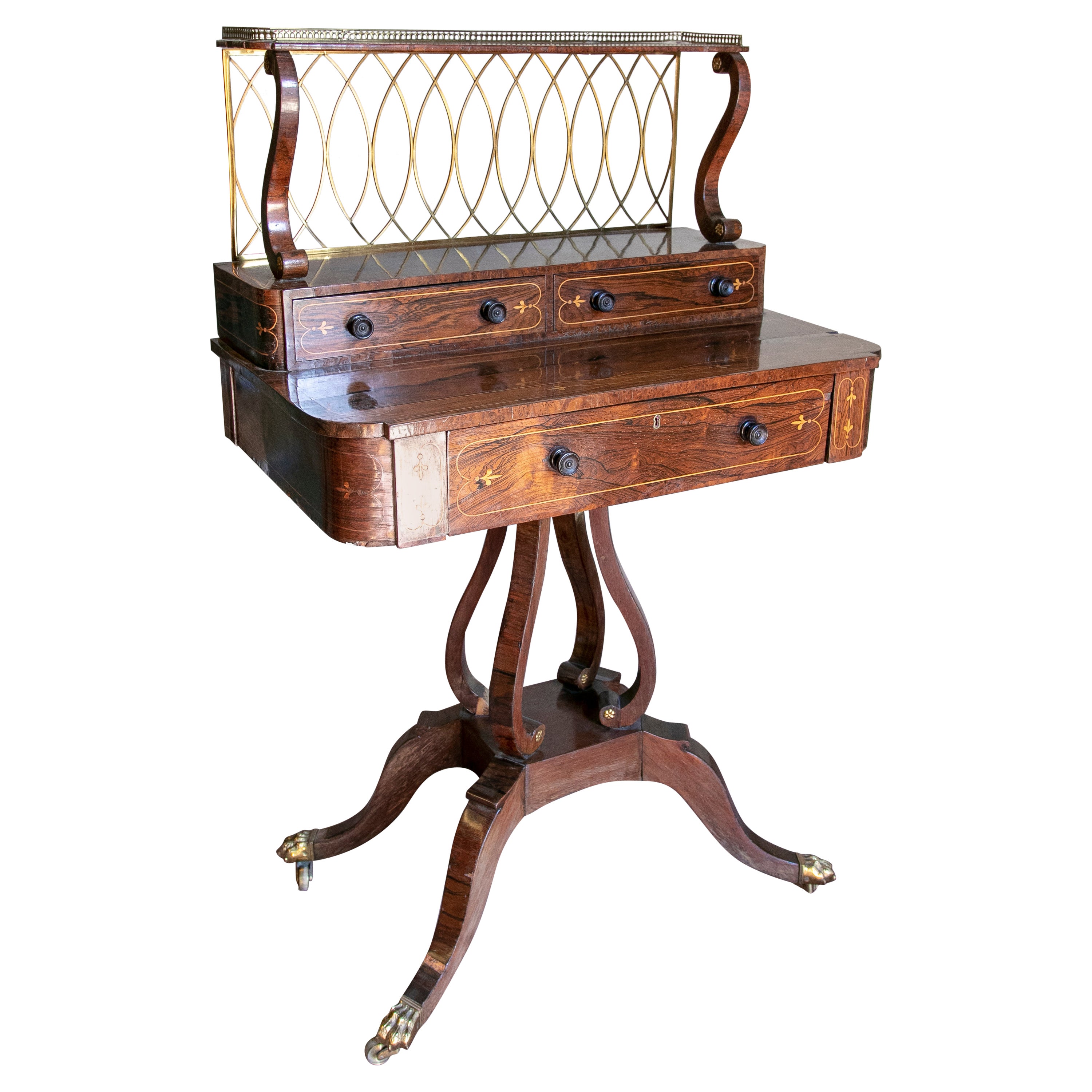 Table à écrire anglaise du XIXe siècle avec tiroirs et accessoires en bronze