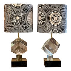 Pair of Cubic Clear Murano Glass Lamps with Our Lampshades Fornasetti Fabric, 70s