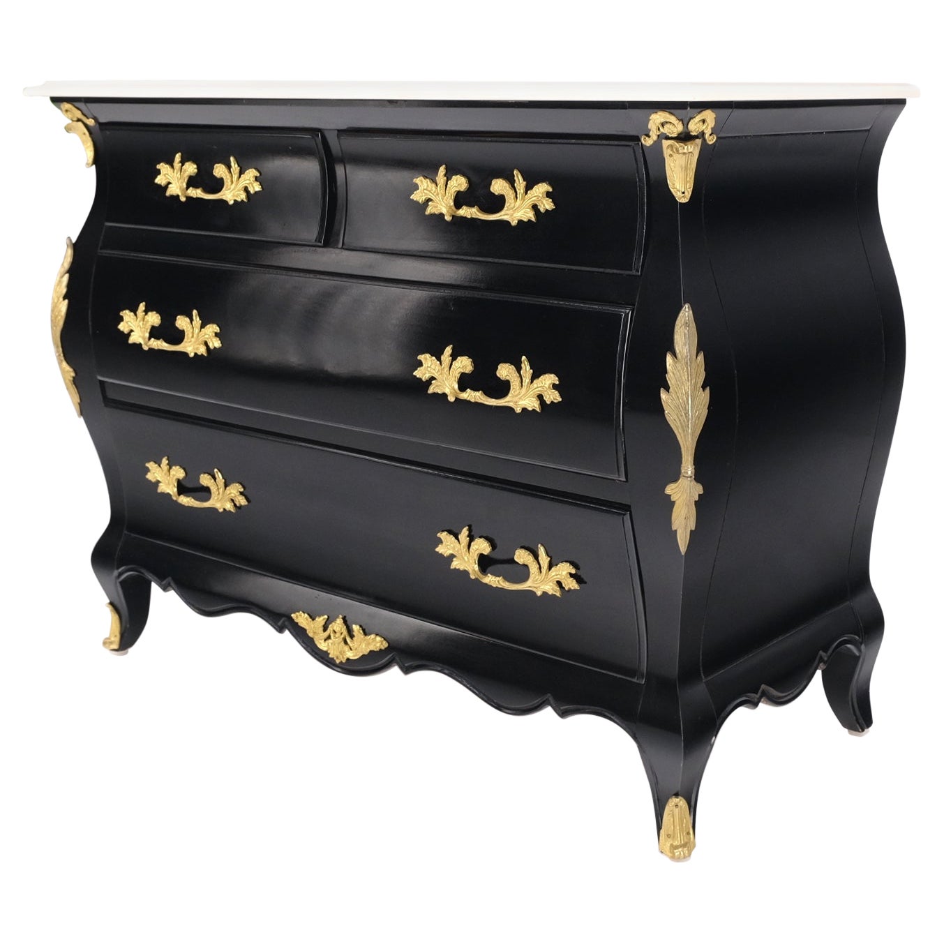 Marble Top Black Lacquer Brass Mounts 4 Drawer Bombay Dresser Chest Drawers Mint For Sale