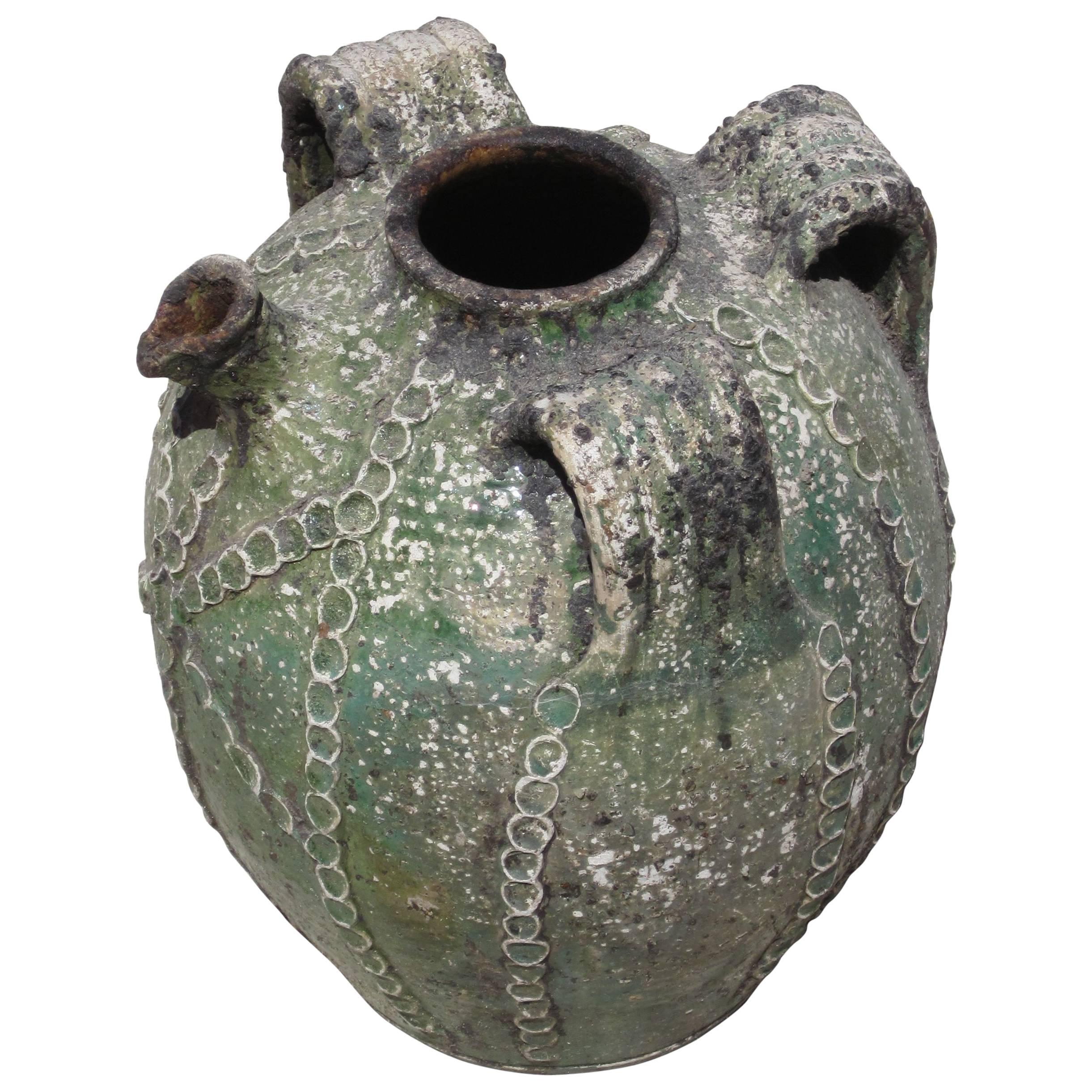 19th Century Textured Green Jug with Handles and Spout, France