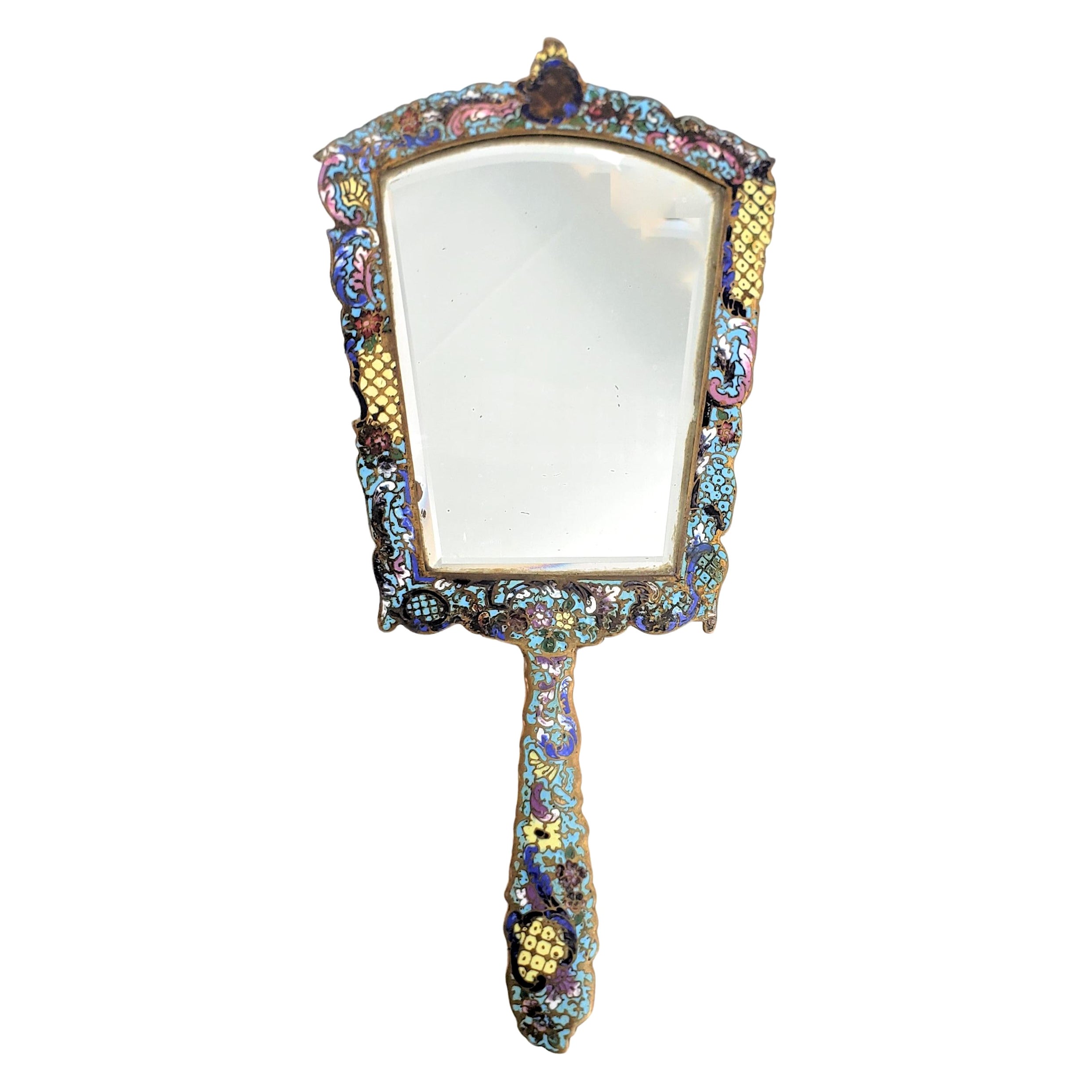 Antique French Champleve  Enameled Hand-Held Dresser Mirror with Floral Motif For Sale