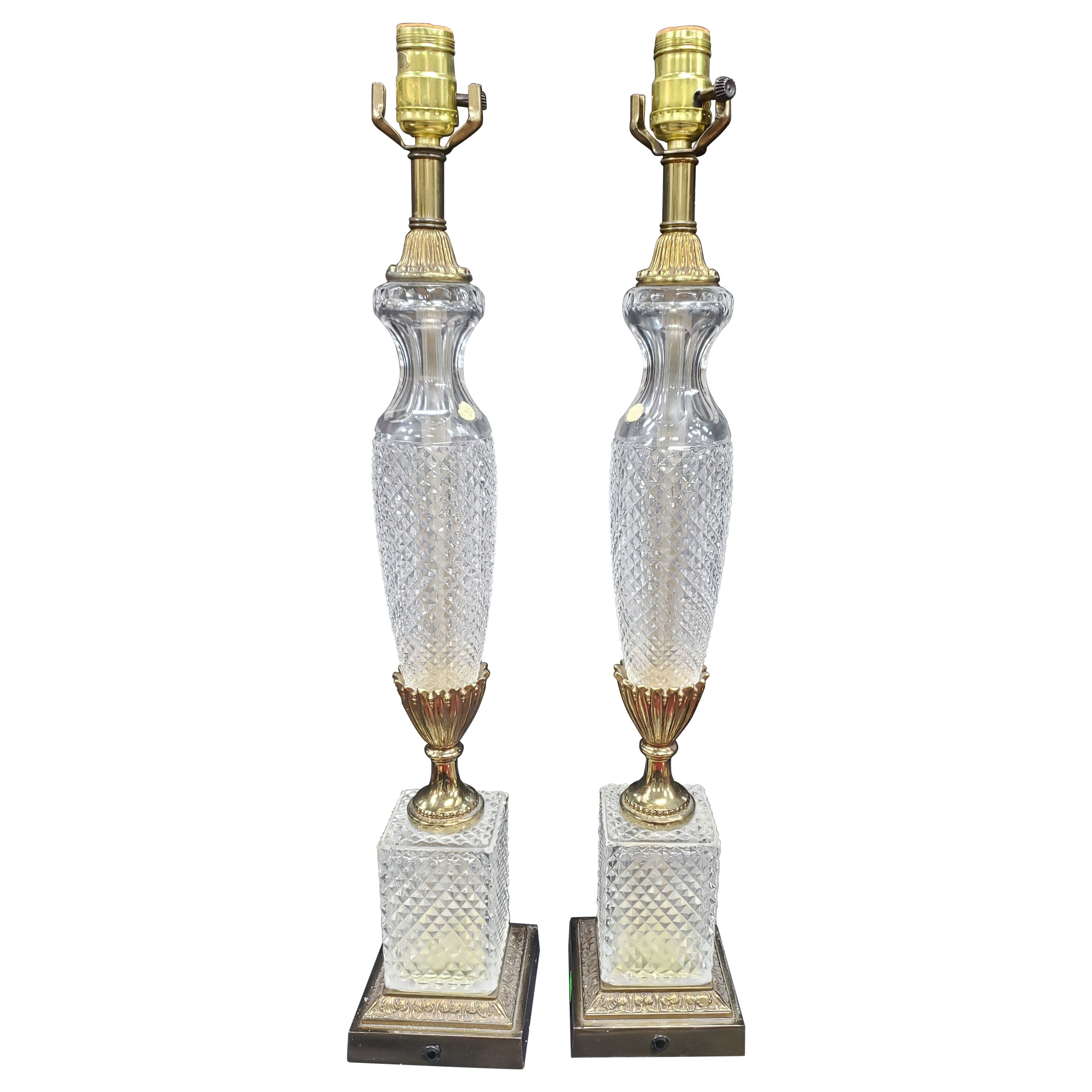 Neoclassical Hollywood Regency Ormolu and Crystal Cut Column Table Lamps, a Pair