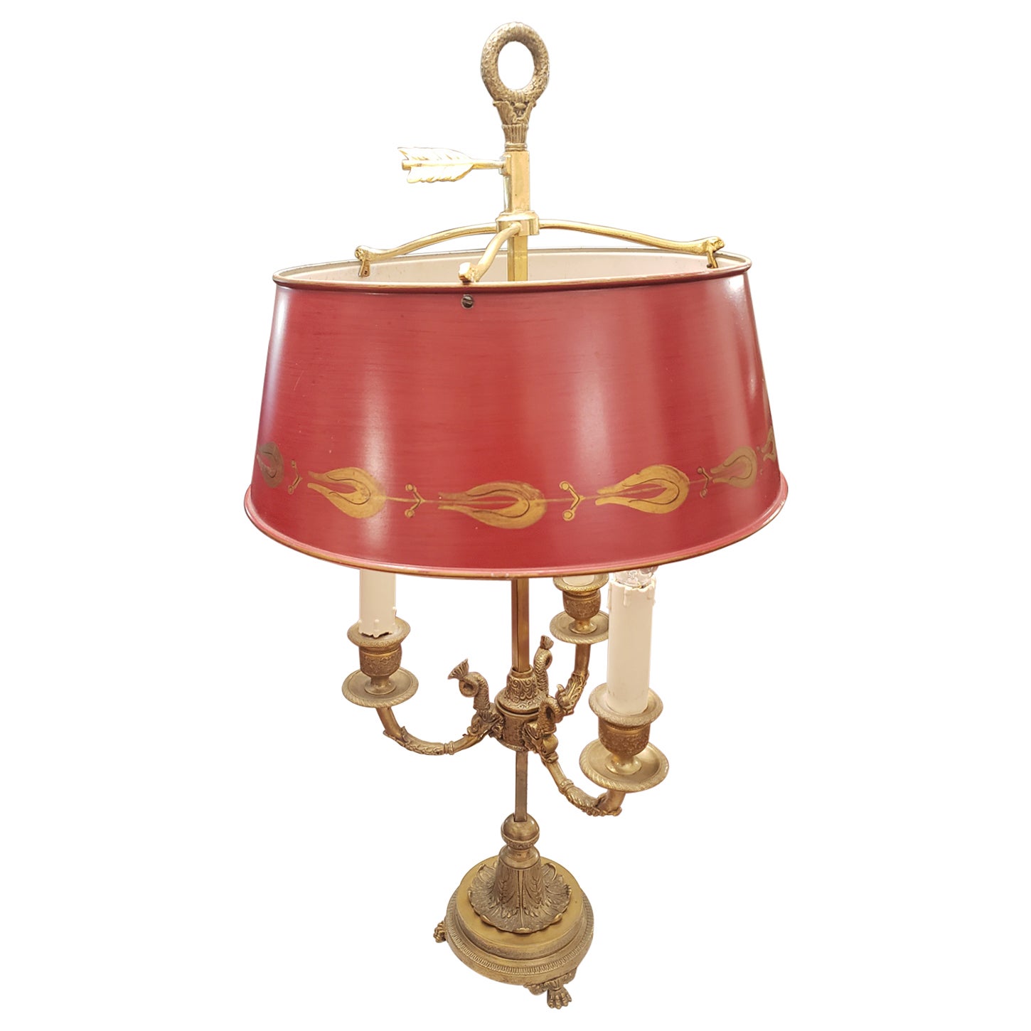 Antique French Bouillotte Bronze and Painted Tole Shade Table Lamp, Circa 1930s For Sale