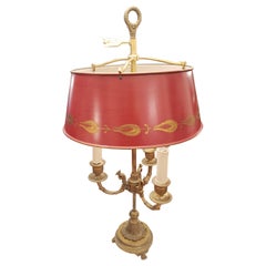 Antique French Bouillotte Bronze and Painted Tole Shade Table Lamp, Circa 1930s