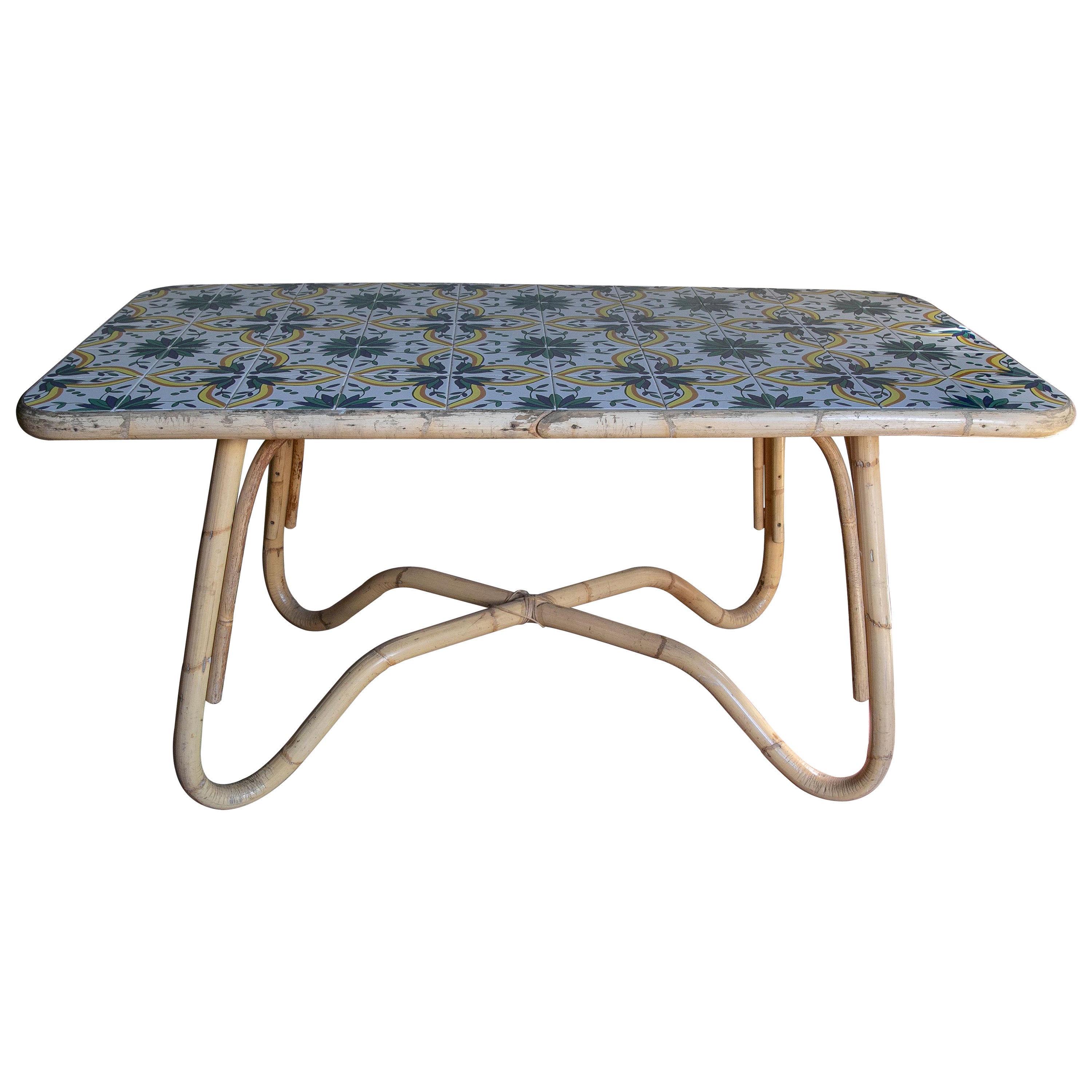 1970s Bamboo Table with Tiled Ceramic Cover 