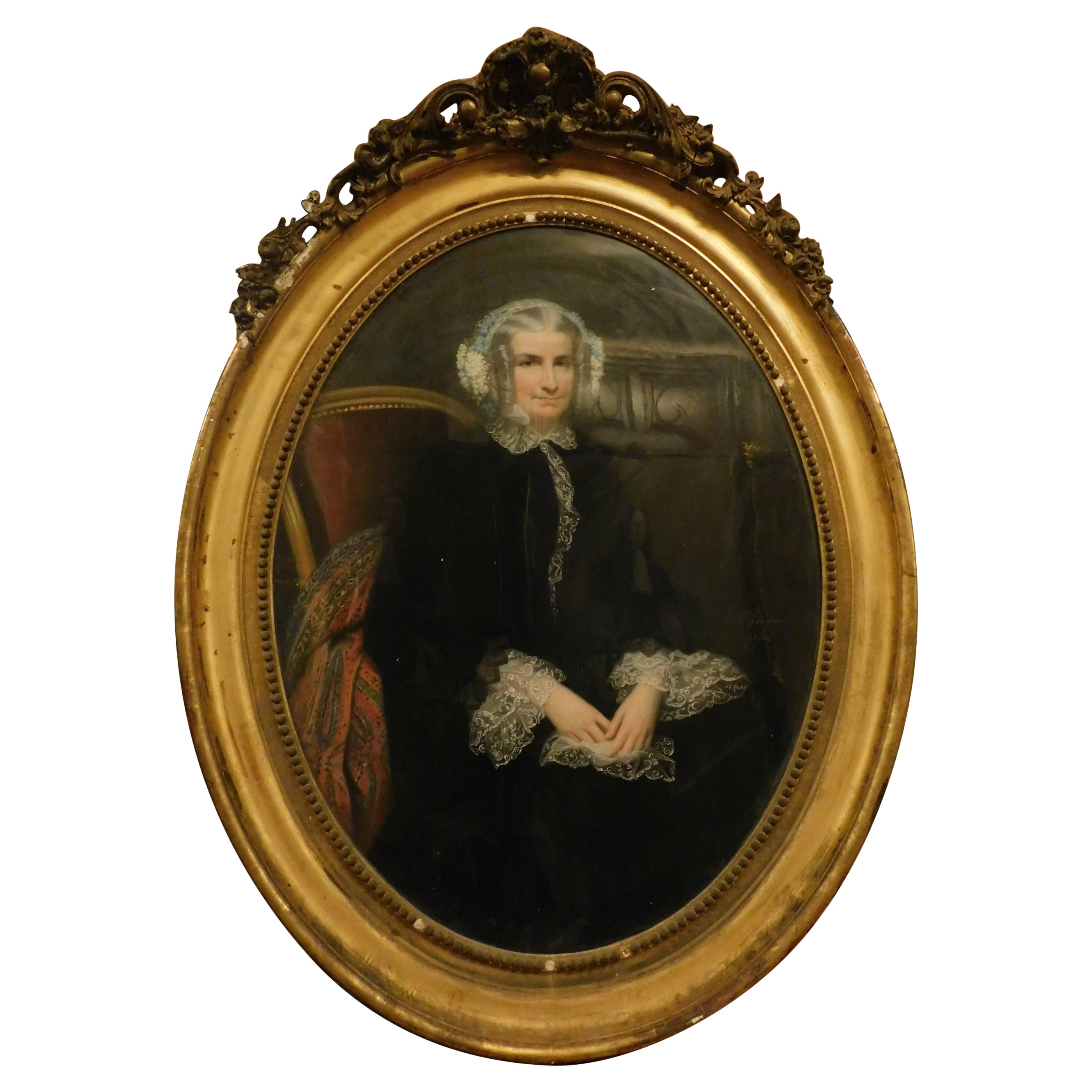 Portrait ancien avec cadre doré, daté de 1851, Italie