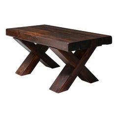 Rustic Brutalist Dark Wooden Dining Table with X-Legs, Italy, 1940's