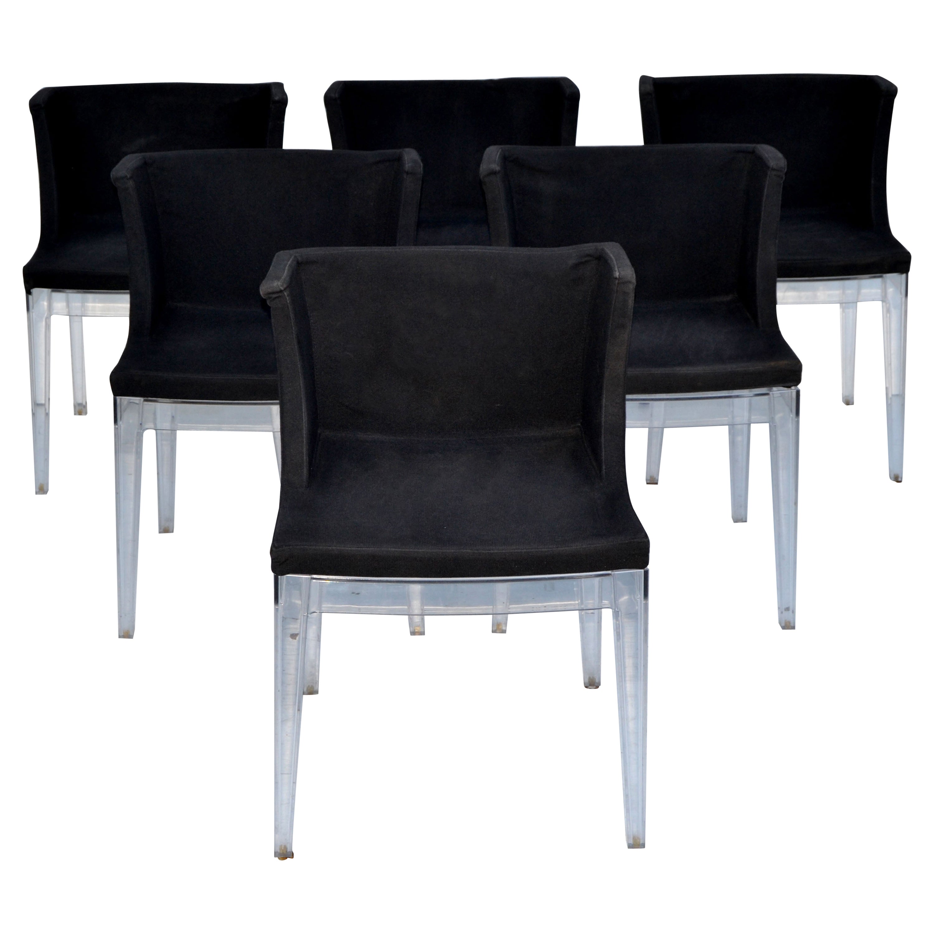 6 Kartell Italy Mademoiselle Chairs by Philippe Starck Black Fabric Lucite For Sale