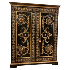 Antique Carved Wooden Wardrobe, Black and Gold Lacquered, 19th Century Italy