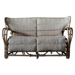 Vintage Viggo Boesen, "Attribution" Settee, Bamboo, Cane, Fabric, Denmark, 1940s