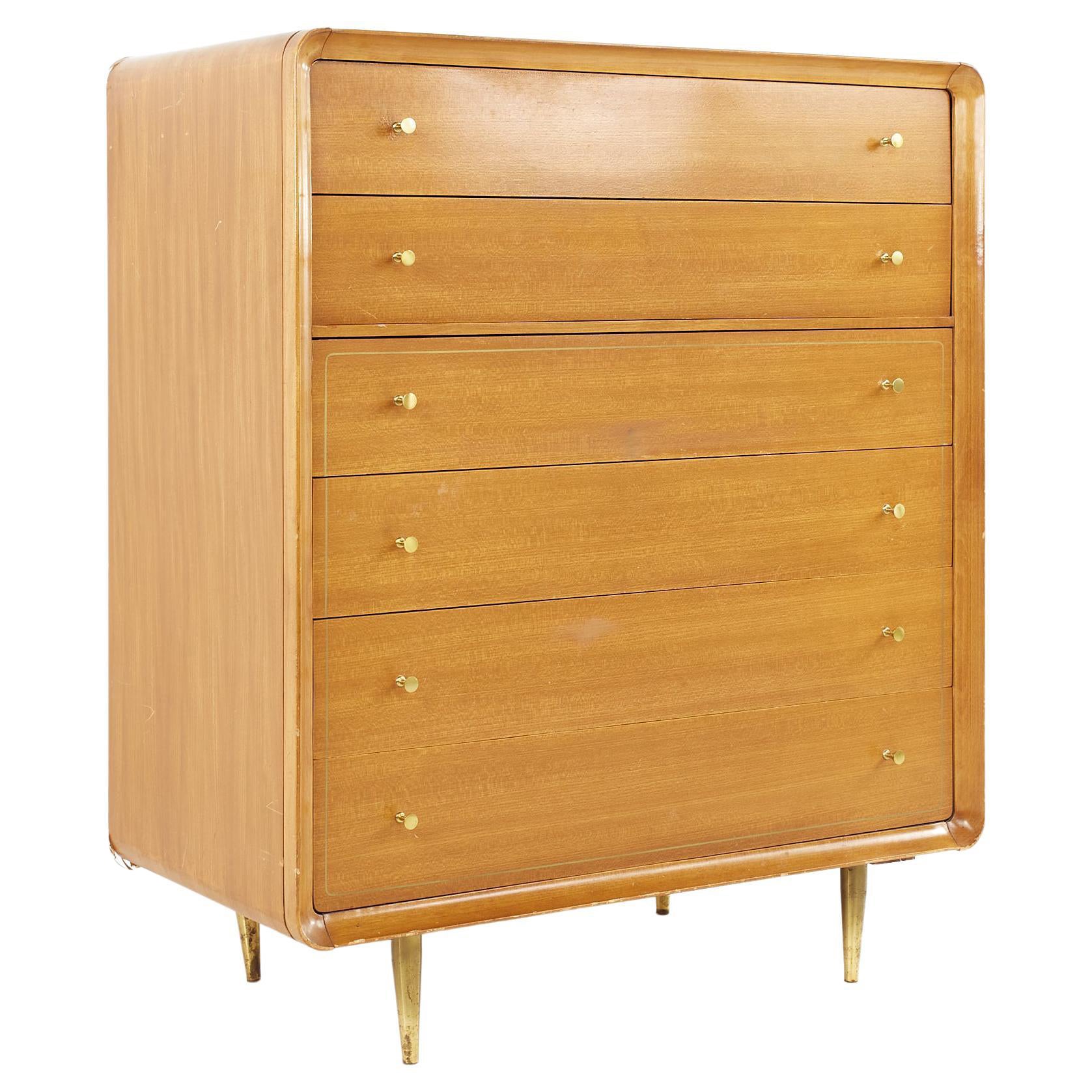 Cavalier Mid Century Walnut and Brass 6 Drawer Highboy Dresser