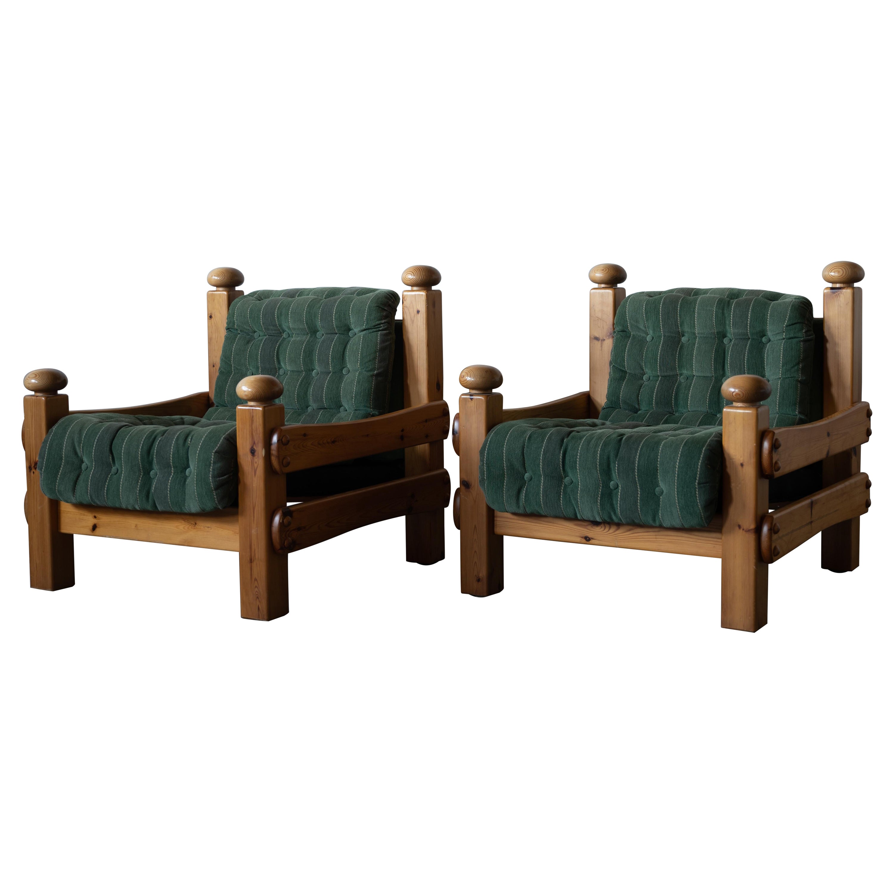 Swedish Designer, Lounge Chairs, Solid Pine, Green Fabric, Sweden, 1970s