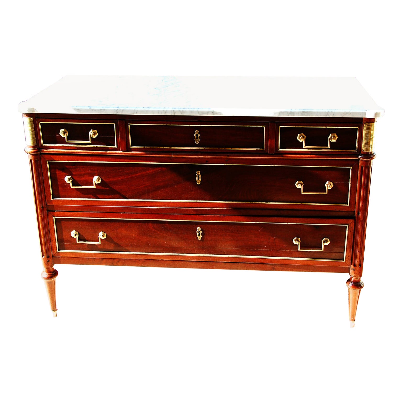 French Louis XVI Period Mahogany Three Drawer Commode or Chest with Marble Top