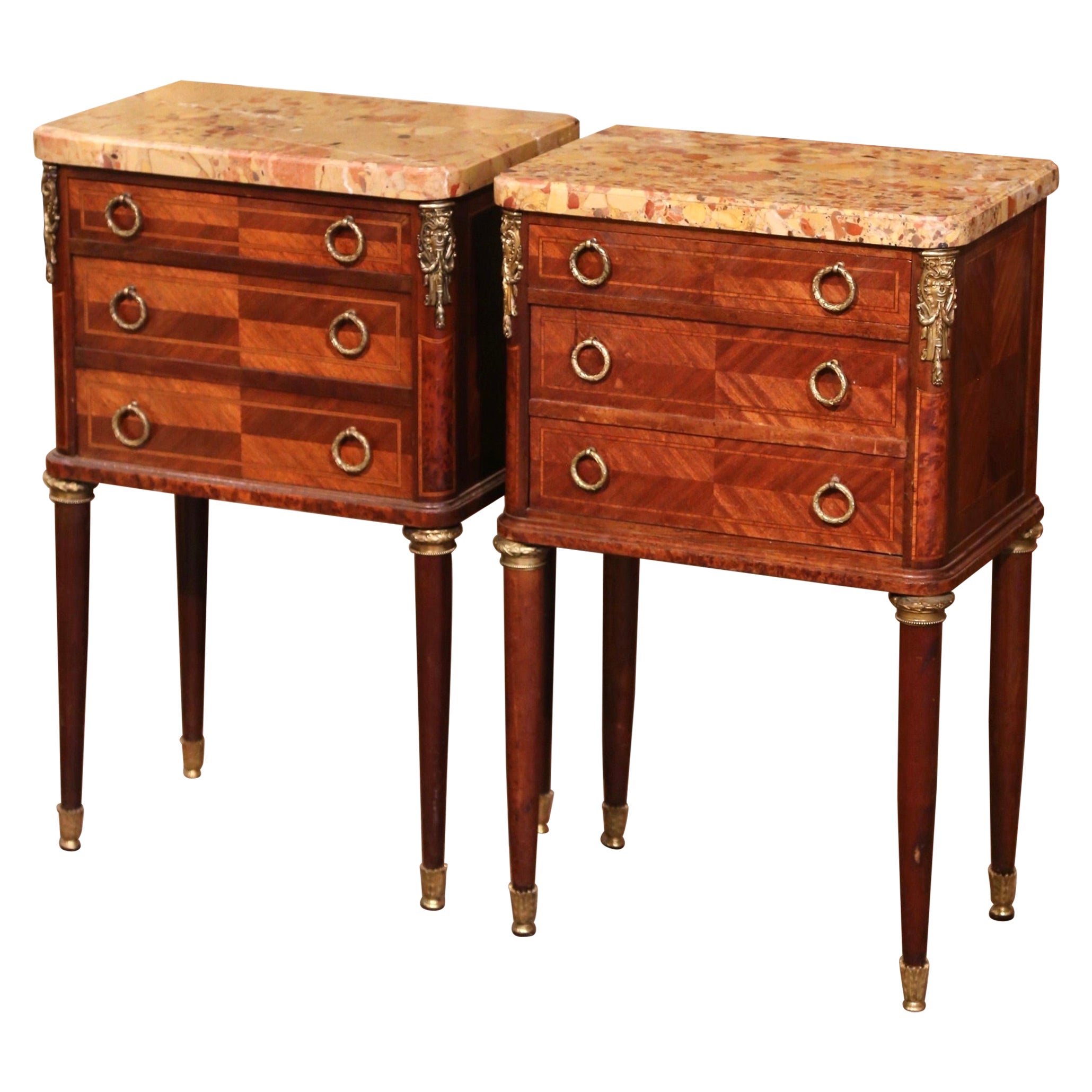 Pair of Mid-Century French Louis XVI Marble Top Bedside Tables Nightstands For Sale