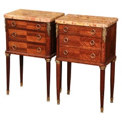 Retro Pair of Mid-Century French Louis XVI Marble Top Bedside Tables Nightstands