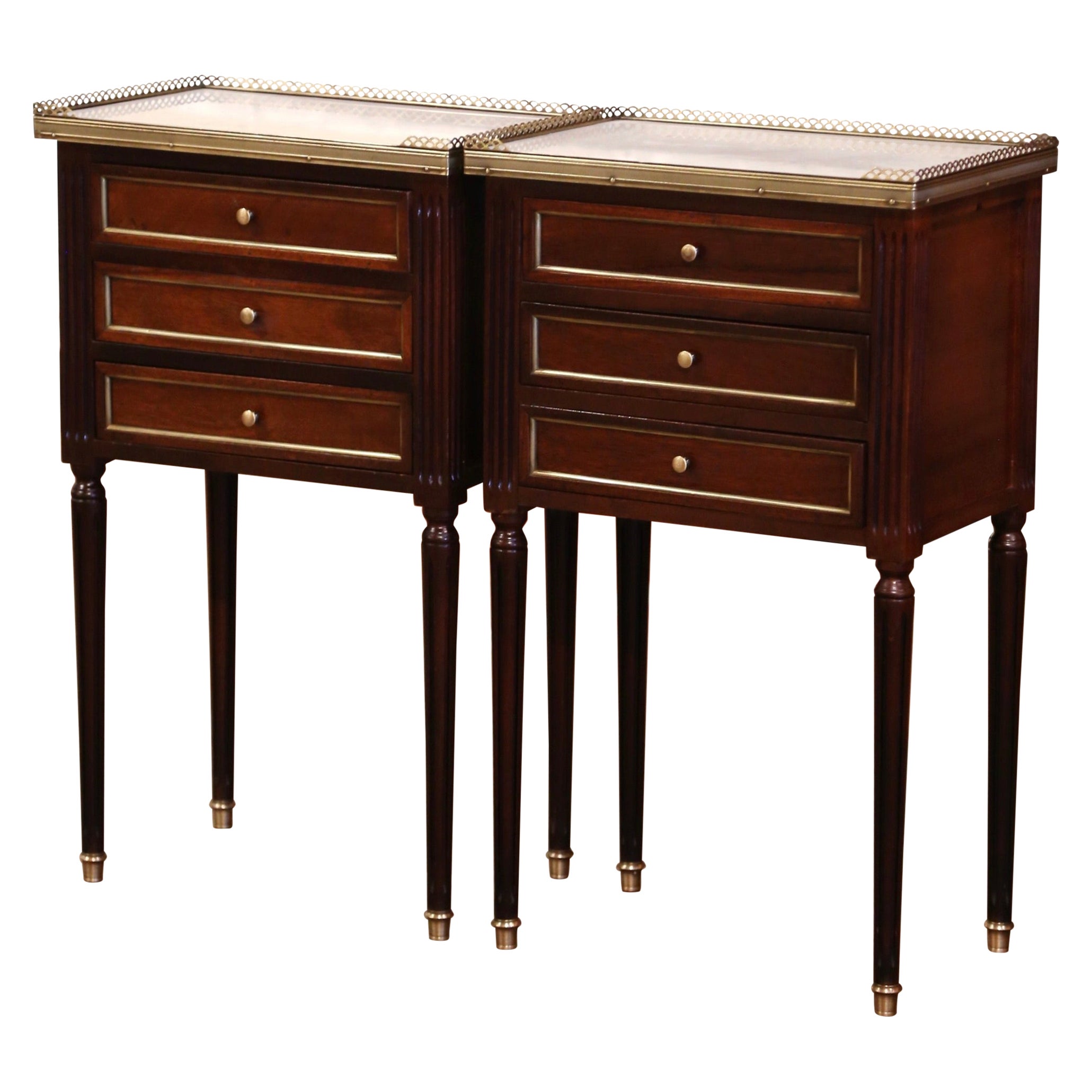 Pair of Mid-Century French Louis XVI Marble Top Mahogany Nightstands Chests