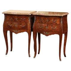 Pair of Early 20th Century Louis XV Marble Top Walnut Marquetry Nightstands