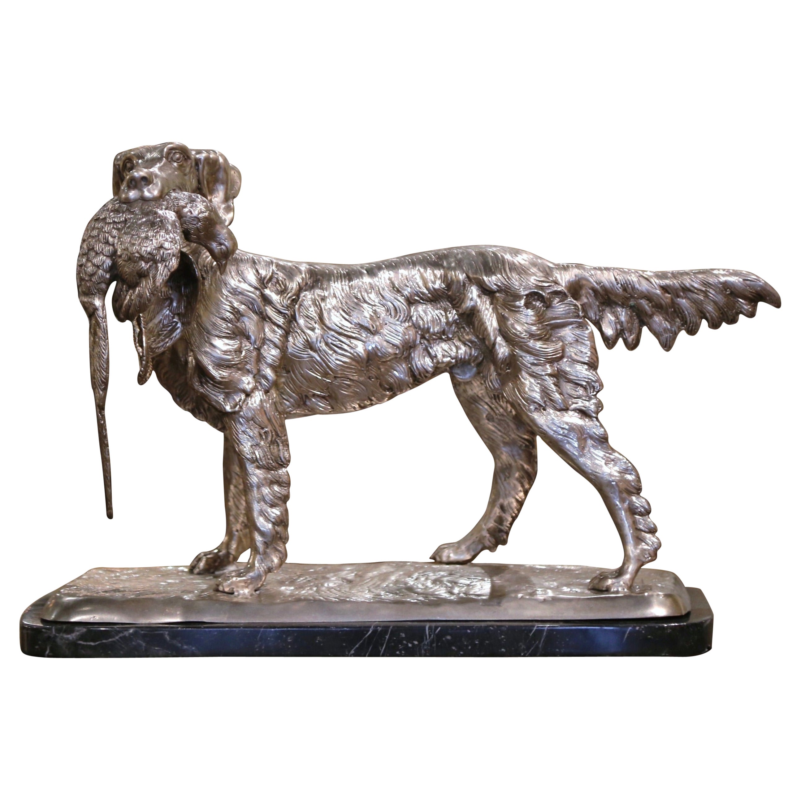 French Silvered Bronze Hunting Dog and Pheasant on Marble Base After J. Moigniez