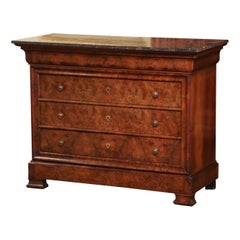 Mid-19th Century French Louis Philippe Marble Top Burl Walnut Five-Drawer Chest