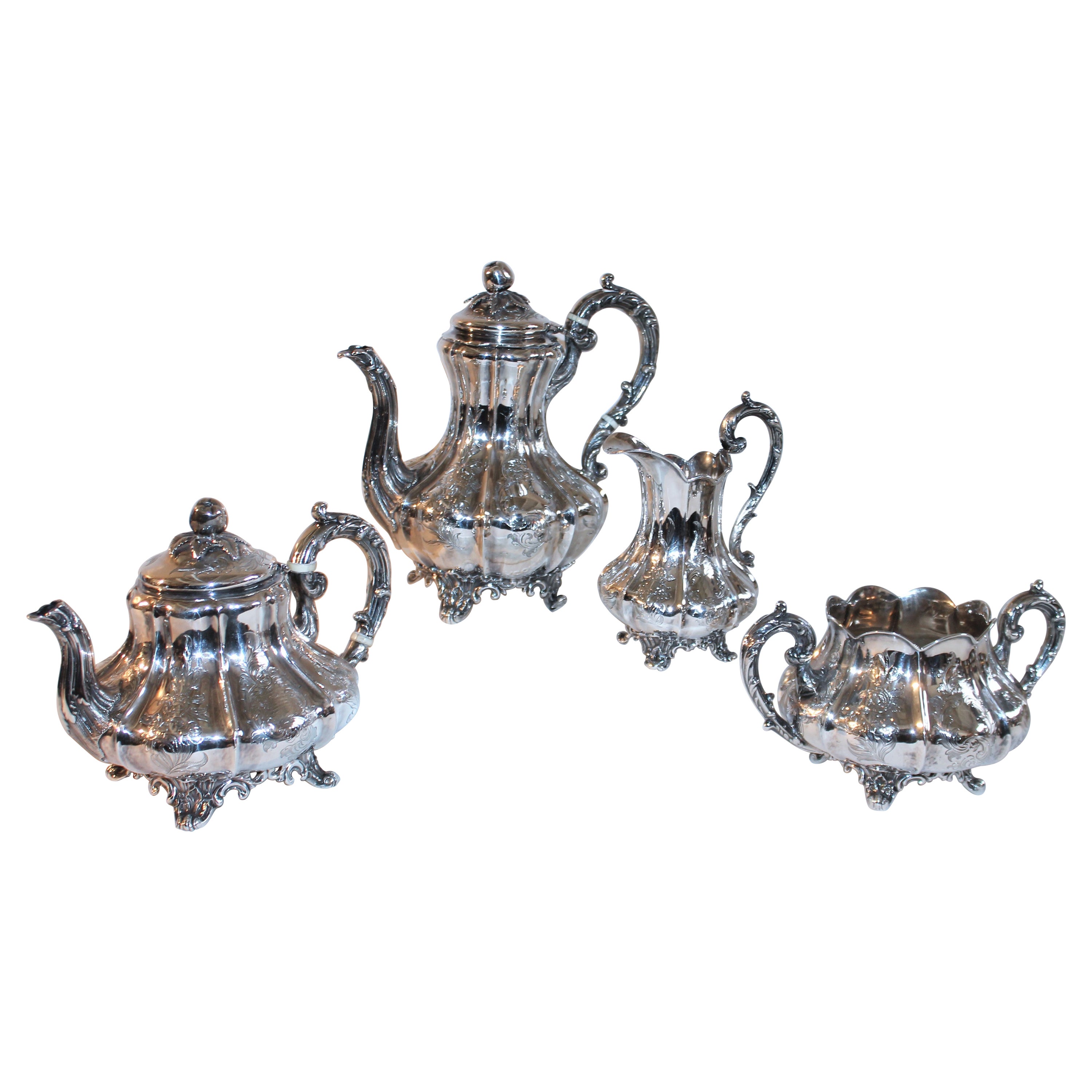 19th C Hand Crafted Sterling Four Piece Tea Set For Sale