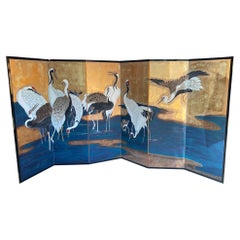 Retro Japanese Asian Large Six-Panel Byobu Folding Screen Landscape Stream with Cranes